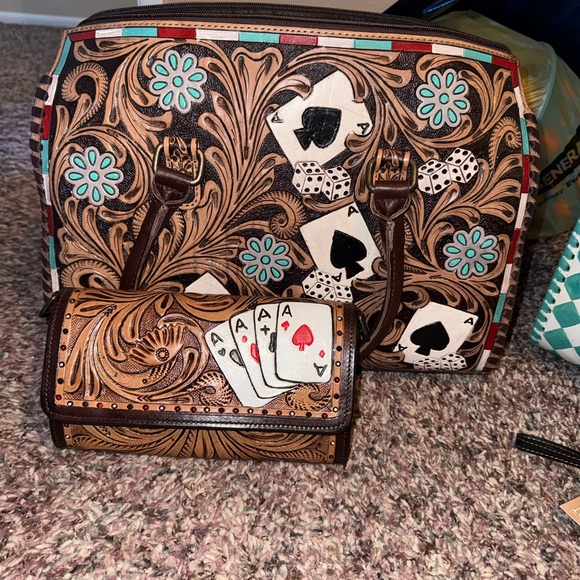 Handmade Handbags - Brown Tooled Leather Satchel with Playing Card Motif - Women's Satchel